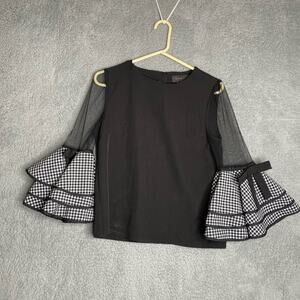 Gracia black bows plaid fancy date night dramatic bell sleeves dressy blouse S